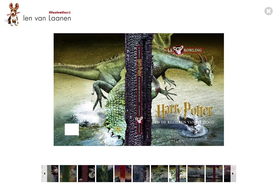 Overzicht van boekomslagen voor de Harry Potter serie, getekend door Ien van Laanen